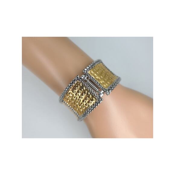 Vintage Premier Designs Mixed Metal Gold & Silver Hammered Hinged Cuff Bracelet - Picture 4 of 8